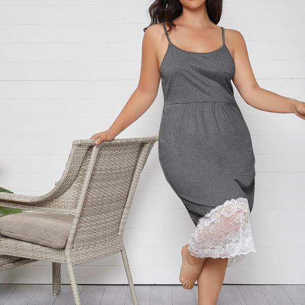 

Plus Contrast lace Panel Cami Nightdress, Dark grey