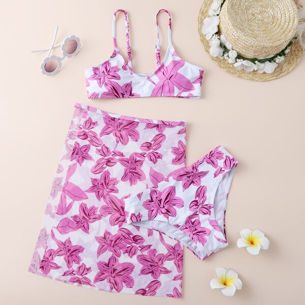 

3pack Girls Floral Bikini Swimsuit & Beach Skirt, Multicolor