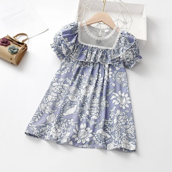 

Toddler Girls Floral Print Lace Mesh Panel Ruffle Trim Dress, Dusty blue