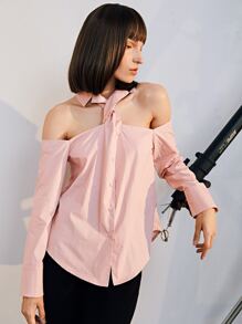 SHEIN 挖肩扭結領襯衫 - 淺粉色 - 查看 4