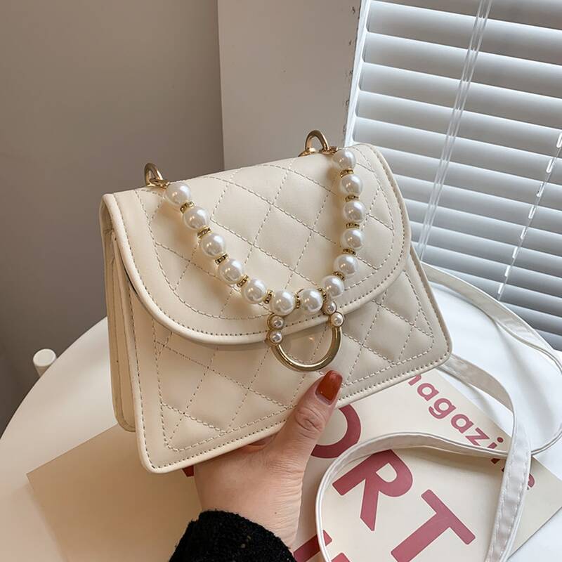 

Faux Pearl Decor Quilted Crossbody Bag, Beige