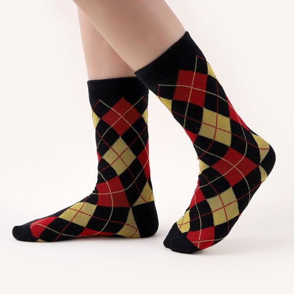 

Geometric Pattern Crew Socks, Black