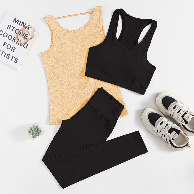 

3pack Twist Backless Sports Tank Top & Sports Bra & Leggings, Black
