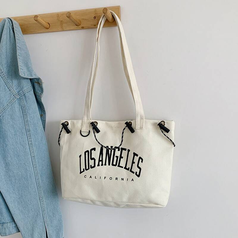 

Letter Print Tote Bag, Beige