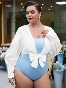 Mulvari Body 2 en 1 de manga farol con cordón delantero - Azul y blanco - Ver 1