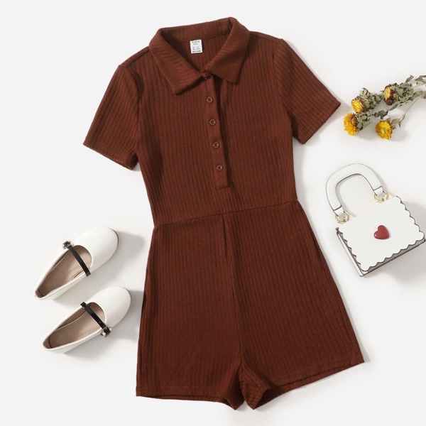 

Teen Girls Button Front Rib-knit Romper, Rust brown