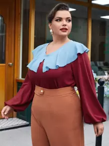 Mulvari Burgundy Red Plus Contrast Statement Collar Lantern Sleeve Sweatshirt - Burgundy - View 2