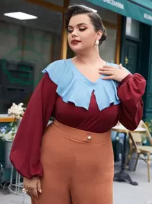 Mulvari Burgundy Red Plus Contrast Statement Collar Lantern Sleeve Sweatshirt - Burgundy - View 1