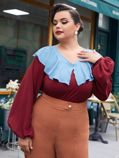 Mulvari Burgundy Red Plus Contrast Statement Collar Lantern Sleeve Sweatshirt