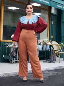 Mulvari Burgundy Red Plus Contrast Statement Collar Lantern Sleeve Sweatshirt - Burgundy - View 4