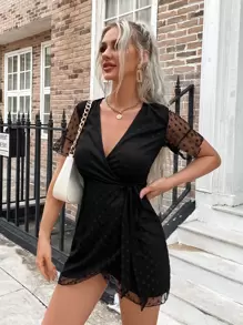 Eilly Bazar Flounce Sleeve Surplice Neck Belted Dobby Mesh Dress - Black - View 1