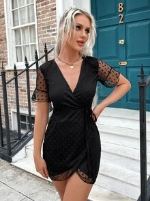 Eilly Bazar Flounce Sleeve Surplice Neck Belted Dobby Mesh Dress - Black - View 6