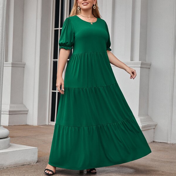 

Plus Solid Puff Sleeve Smock Dress, Dark green