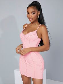 SHEIN SXY Lettuce Trim Bodycon Dress - Baby Pink - View 3