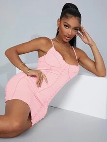 SHEIN SXY Lettuce Trim Bodycon Dress - Baby Pink - View 4
