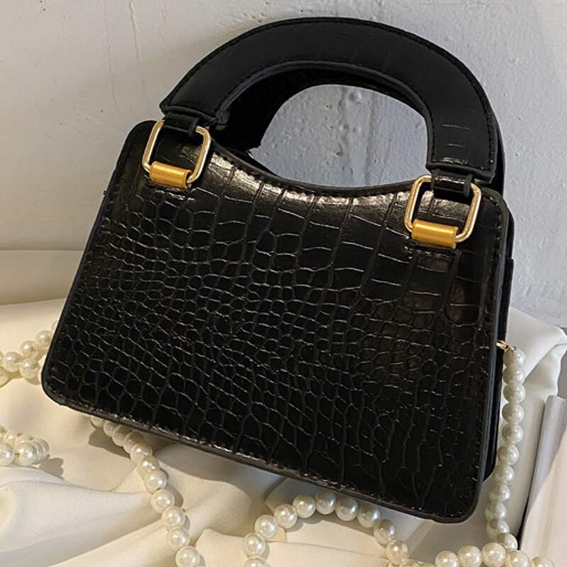 

Croc Embossed Faux Pearl Strap Satchel Bag, Black