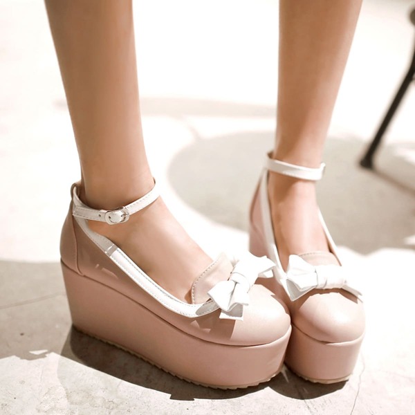 

Bow Decor Contrast Binding Flatform Shoes, Pink