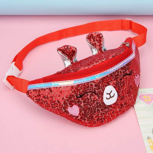 

Girls Cartoon Design Sequin Fanny Pack, Red