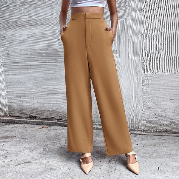 

Solid Slant Pockets Tailored Pants, Brown