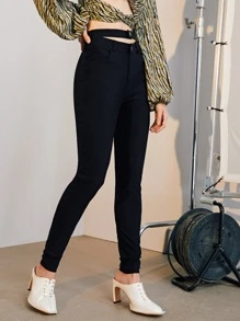 SHEIN Cut Out Slant Pocket Skinny Trousers - Black - View 5