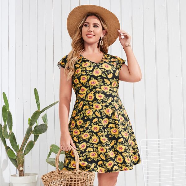 

Plus Sunflower Print Dress, Multicolor