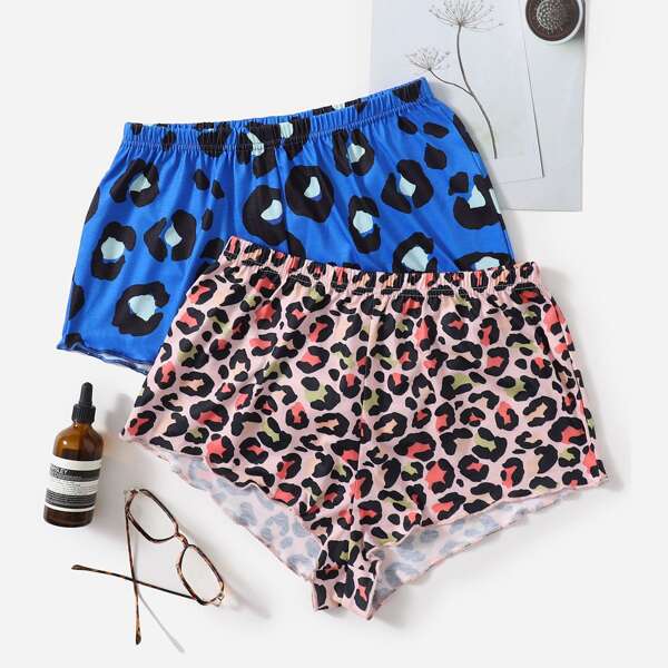 

2pcs Leopard Print Sleep Shorts, Multicolor
