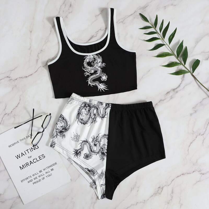 

Chinese Dragon Graphic Tank Top & Shorts PJ Set, Black and white