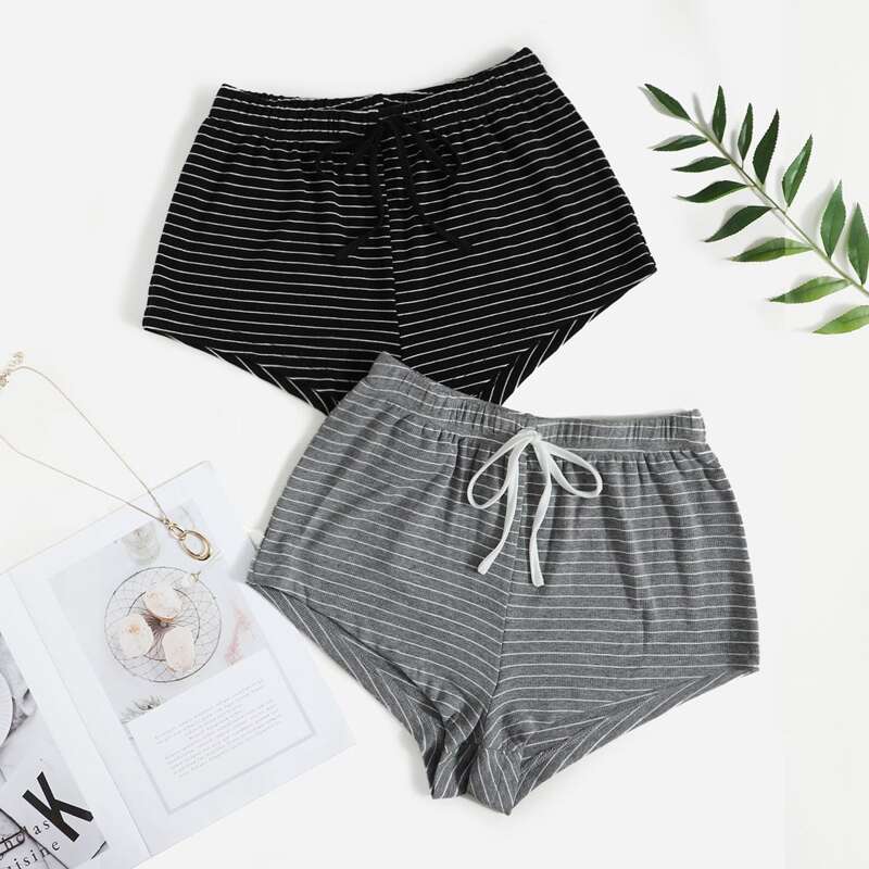 

2pcs Striped Knot Detail Lounge Shorts, Multicolor