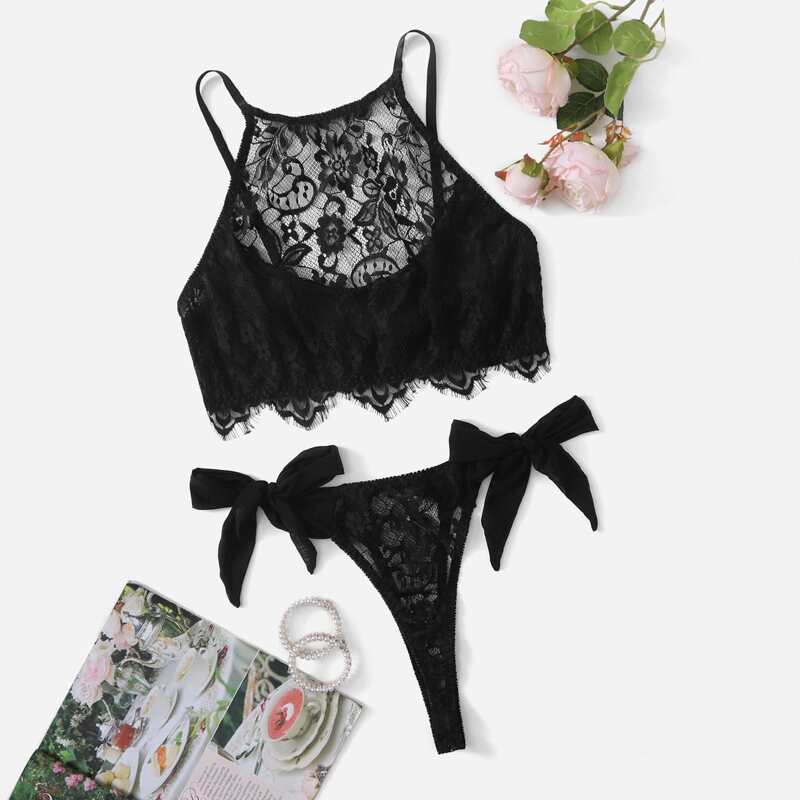 

Plus Floral Lace Tie Side Lingerie Set, Black