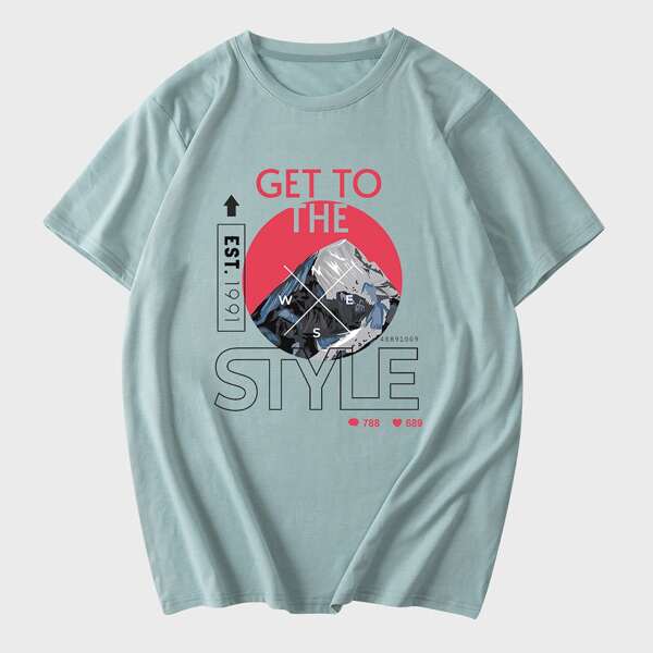 

Men Mountain & Letter Graphic Tee, Mint green