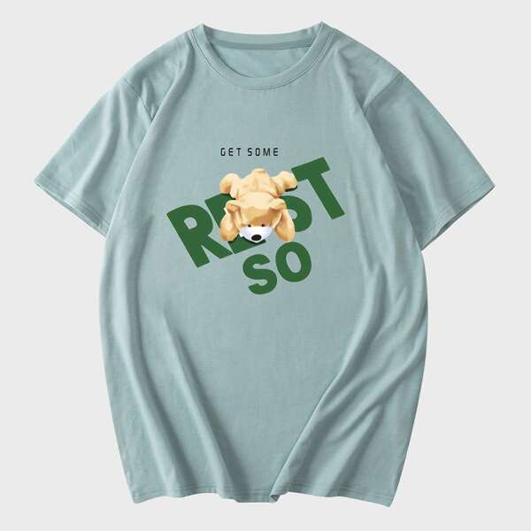 

Men Bear & Letter Graphic Tee, Mint green