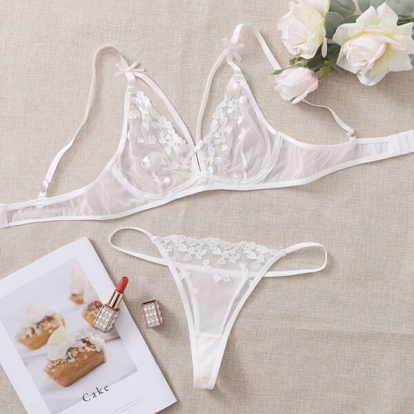

Embroidered Mesh Harness Underwire Lingerie Set, White