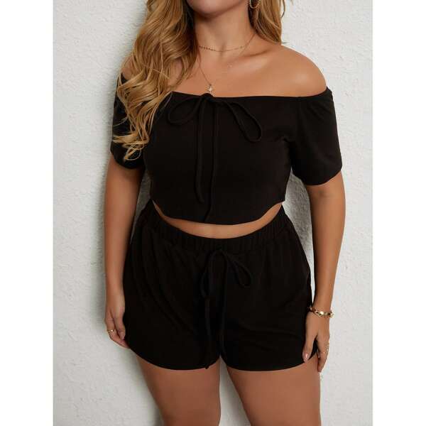 

Plus Off Shoulder Crop Tee With Shorts, Black