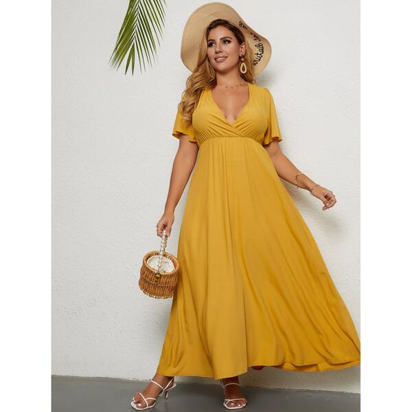 

Plus Surplice Neck Belted A-line Dress, Yellow