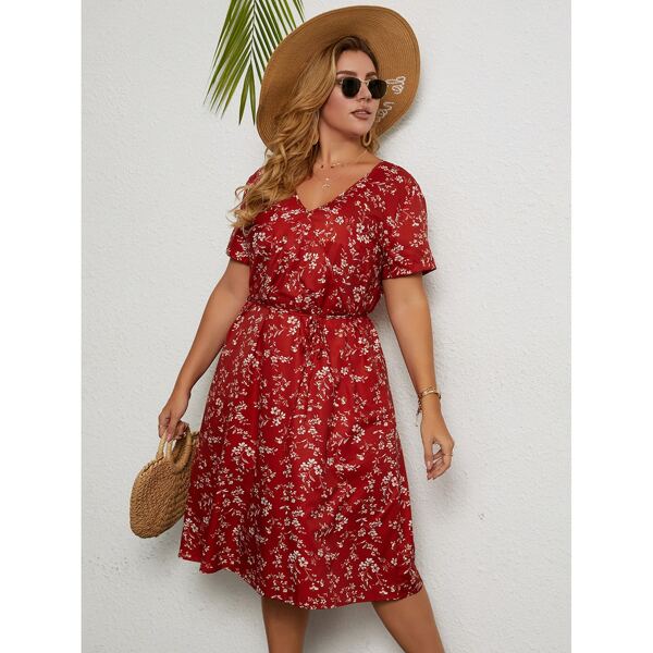 

Plus Ditsy Floral Surplice Front Belted Dress, Red