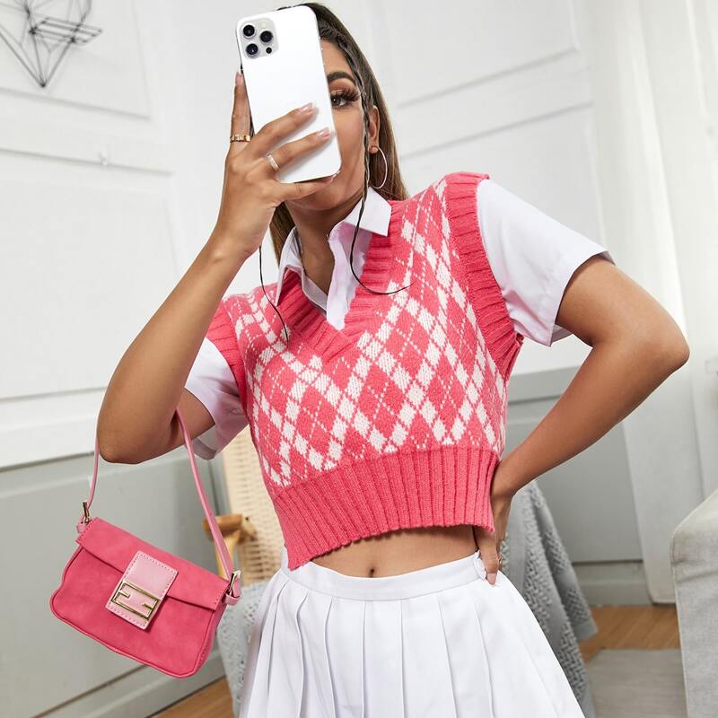

Argyle Pattern Slit Hem Sweater Vest, Multicolor
