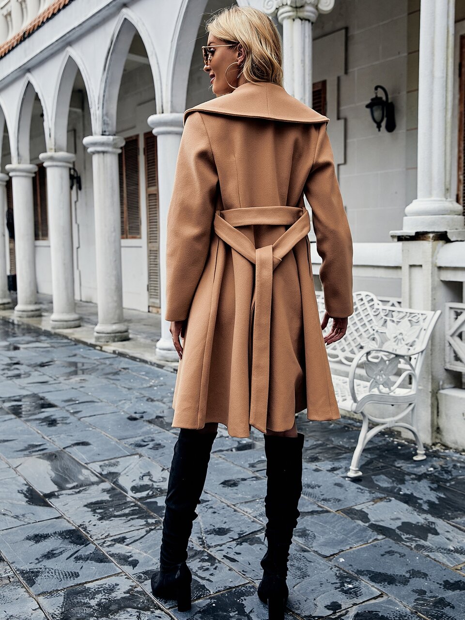 Shawl Collar Double Button Belted Overcoat Fall Winter Cloth For Women