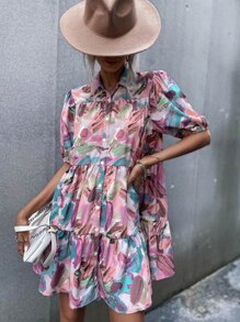 SHEIN LUNE Vestido smock de manga farol con estampado de pincelada - Multicolor - Ver 1