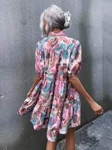 SHEIN LUNE Vestido smock de manga farol con estampado de pincelada - Multicolor - Ver 2