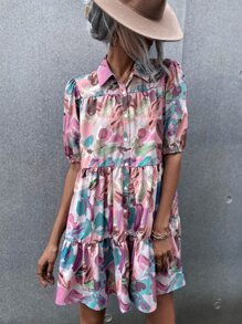 SHEIN LUNE Vestido smock de manga farol con estampado de pincelada - Multicolor - Ver 3