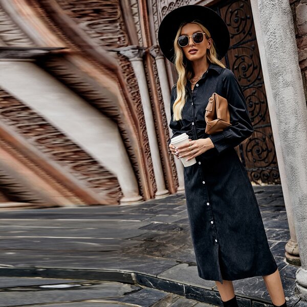 

Solid Button Front Shirt Dress, Black