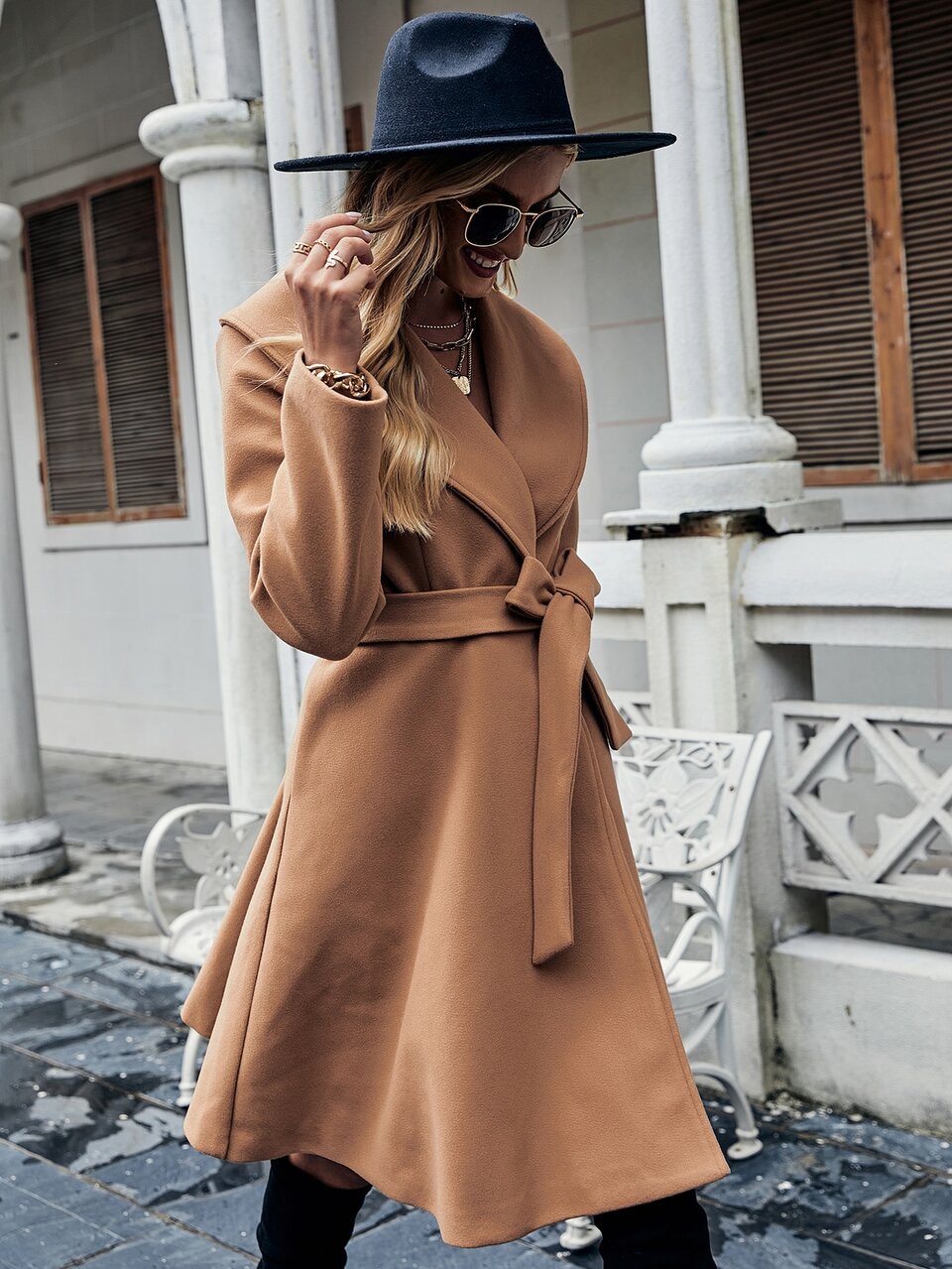 Shawl Collar Double Button Belted Overcoat Fall Winter Cloth For Women