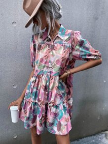 SHEIN LUNE Vestido smock de manga farol con estampado de pincelada - Multicolor - Ver 5