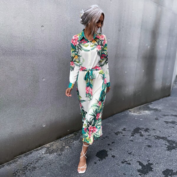 

Floral Print Button Front Split Hem Dress With Belt, Multicolor