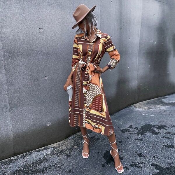 

Scarf Print Belted Shirt Dress, Multicolor