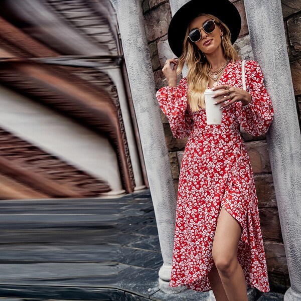 

Allover Floral Lantern Sleeve Wrap Dress, Red and white
