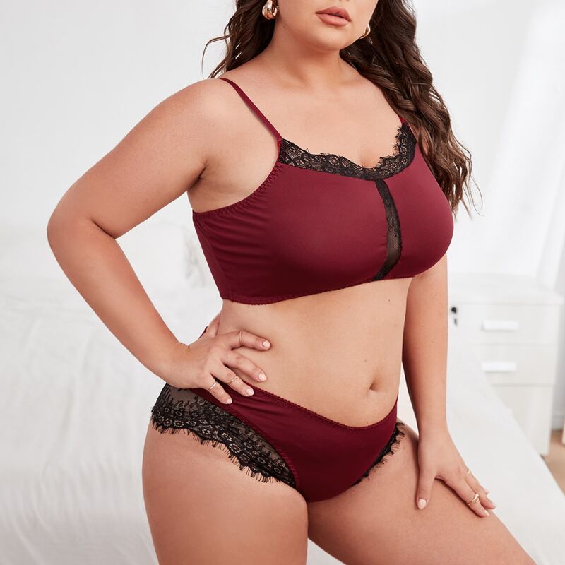 

Plus Lace Trim Lingerie Set, Burgundy