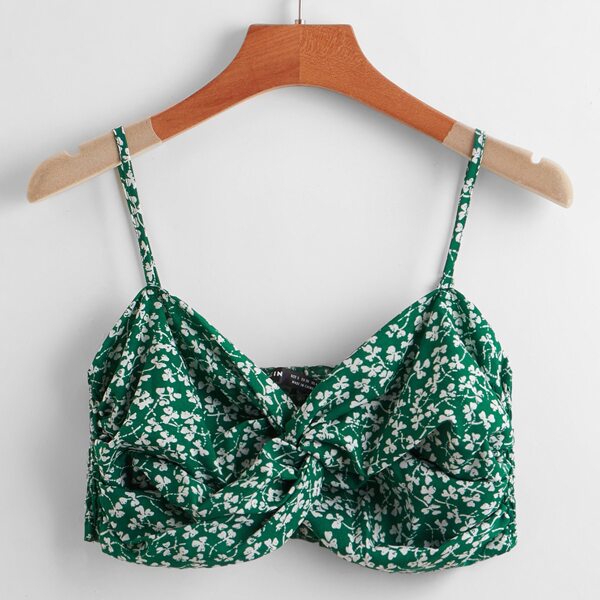 

Twist Front Shirred Back Ditsy Floral Cami Top, Green