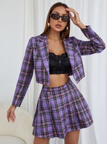 Tartan Crop Blazer & Skirt - Multicolor - View 1