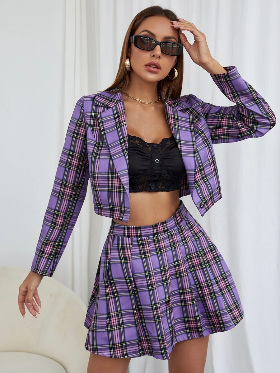 Tartan Crop Blazer & Skirt - Multicolor - View 1